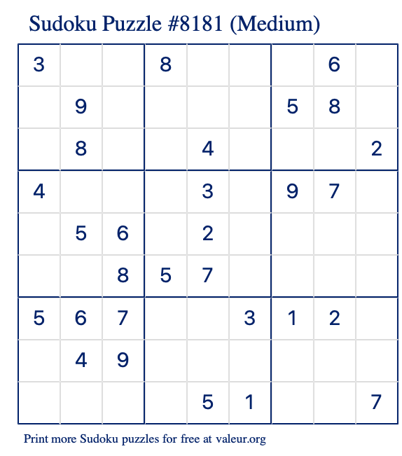 Free Printable Medium Sudoku Puzzle number 8181
