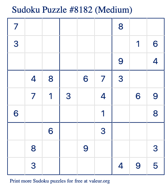 Free Printable Medium Sudoku Puzzle number 8182