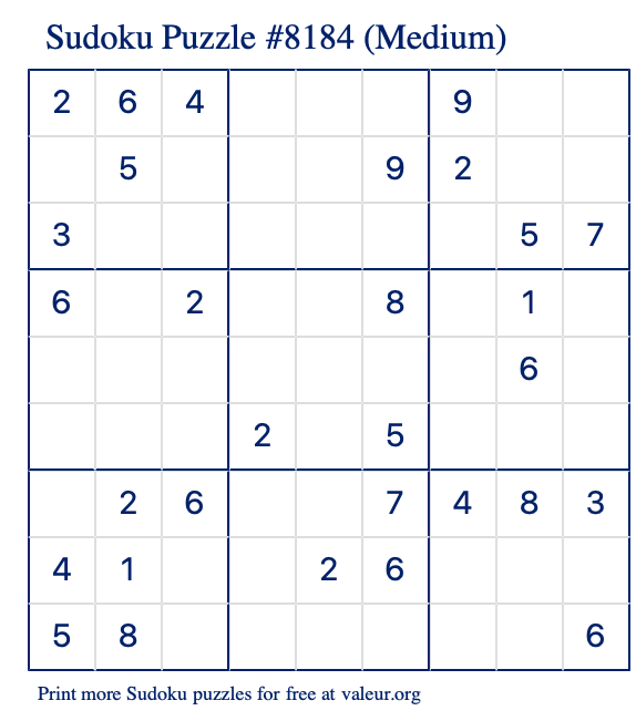 Free Printable Medium Sudoku Puzzle number 8184