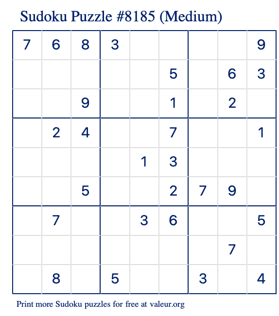 Free Printable Medium Sudoku Puzzle number 8185