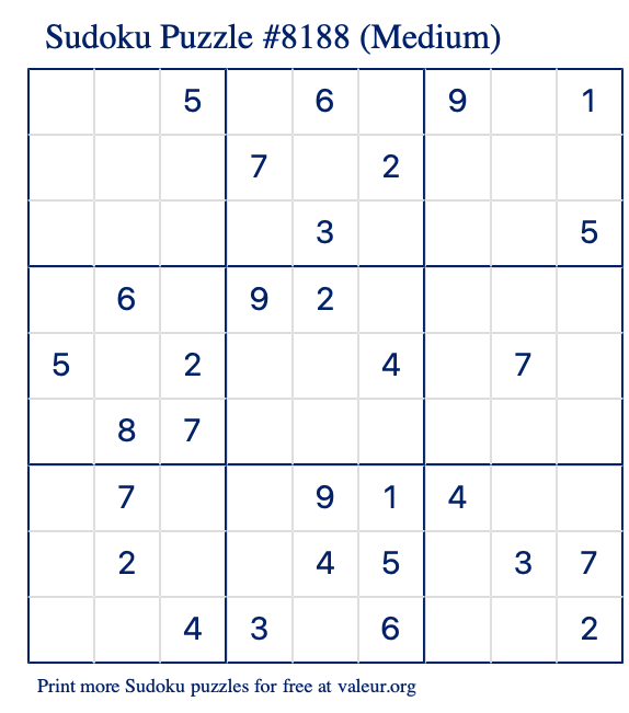 Free Printable Medium Sudoku Puzzle number 8188