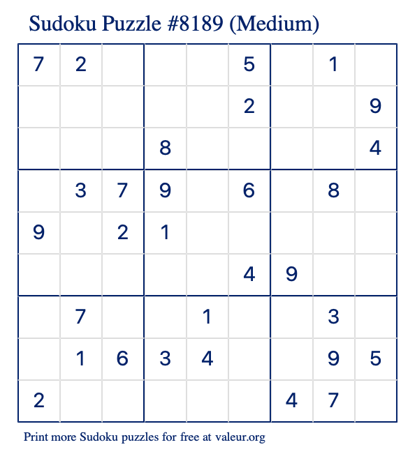Free Printable Medium Sudoku Puzzle number 8189