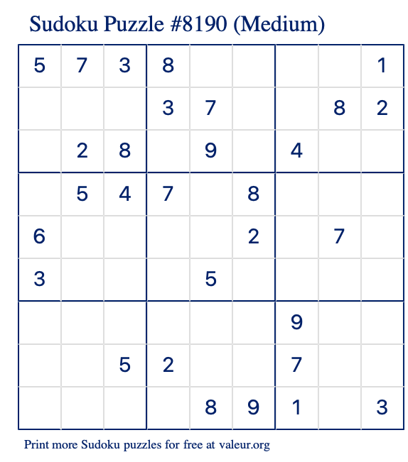 Free Printable Medium Sudoku Puzzle number 8190