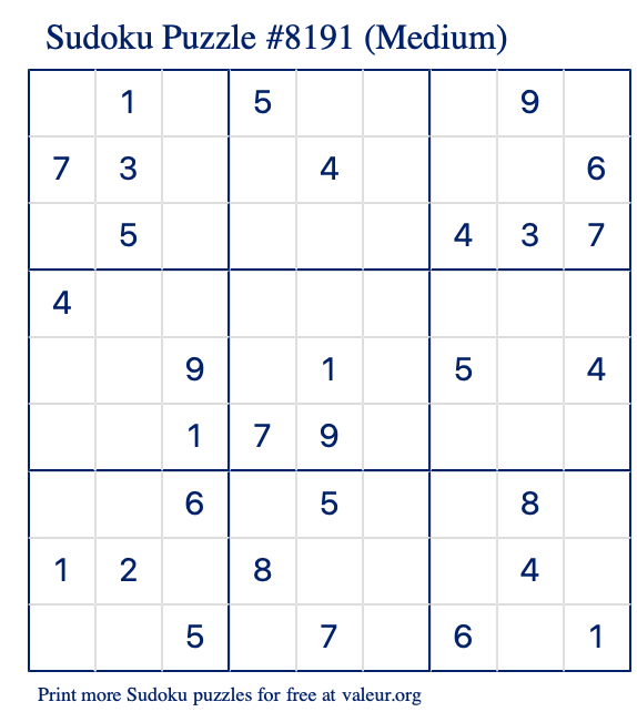 Free Printable Medium Sudoku Puzzle number 8191