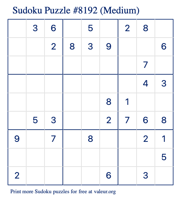 Free Printable Medium Sudoku Puzzle number 8192