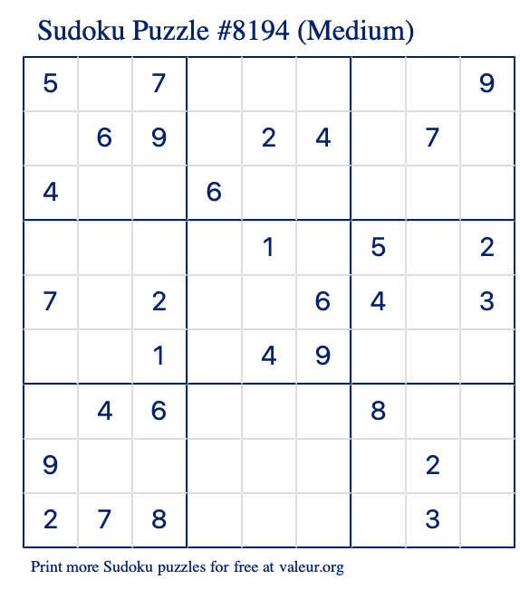 Free Printable Medium Sudoku Puzzle number 8194