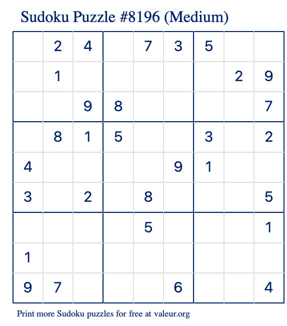 Free Printable Medium Sudoku Puzzle number 8196