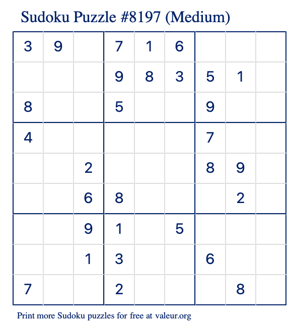 Free Printable Medium Sudoku Puzzle number 8197