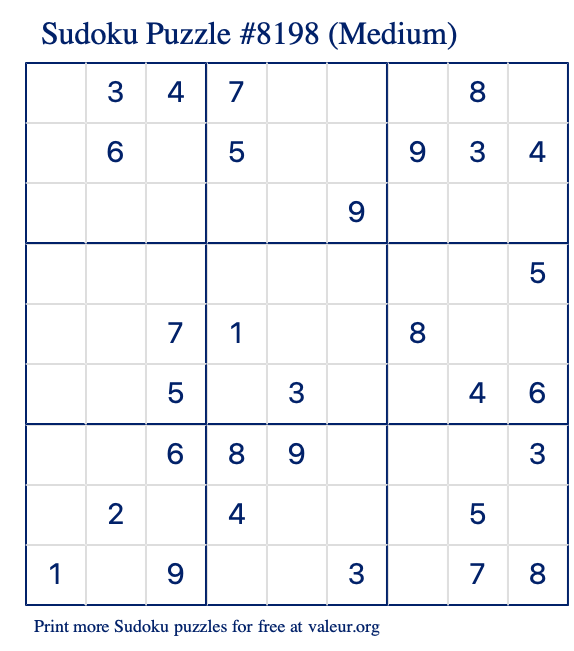 Free Printable Medium Sudoku Puzzle number 8198