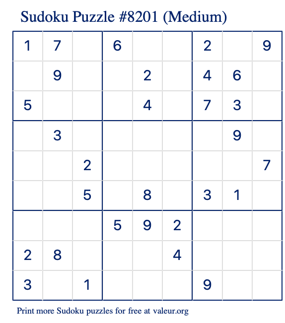 Free Printable Medium Sudoku Puzzle number 8201