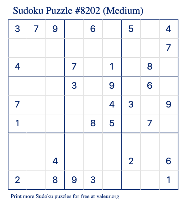 Free Printable Medium Sudoku Puzzle number 8202