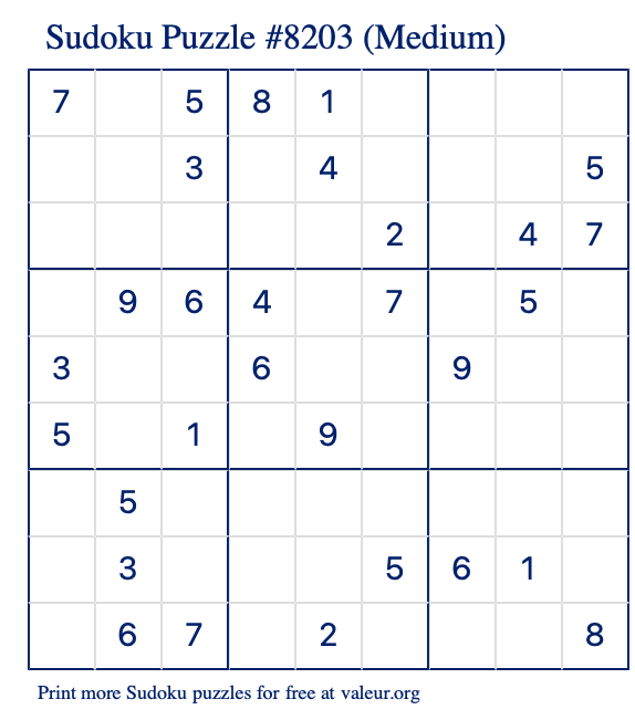 Free Printable Medium Sudoku Puzzle number 8203