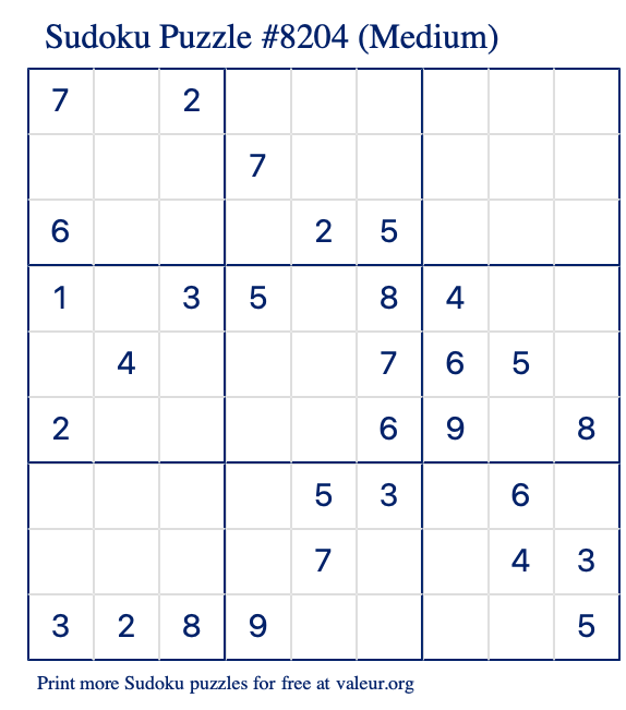 Free Printable Medium Sudoku Puzzle number 8204