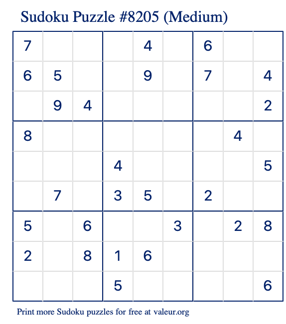Free Printable Medium Sudoku Puzzle number 8205