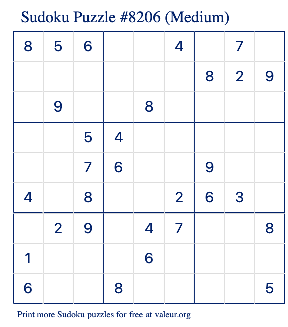Free Printable Medium Sudoku Puzzle number 8206