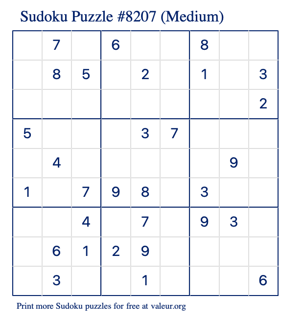 Free Printable Medium Sudoku Puzzle number 8207