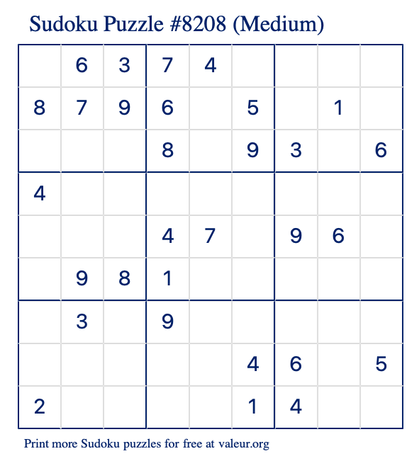 Free Printable Medium Sudoku Puzzle number 8208