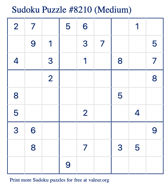 Free Printable Medium Sudoku Puzzle number 8210