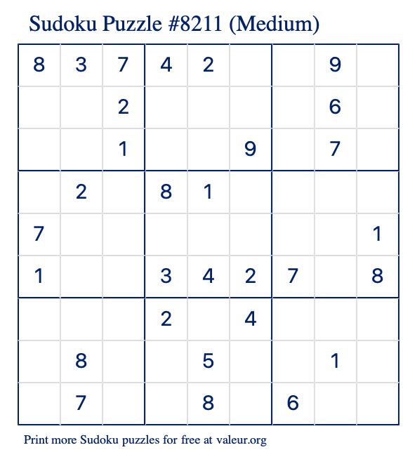 Free Printable Medium Sudoku Puzzle number 8211