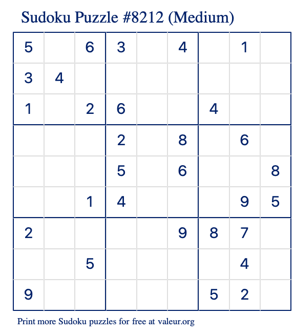 Free Printable Medium Sudoku Puzzle number 8212