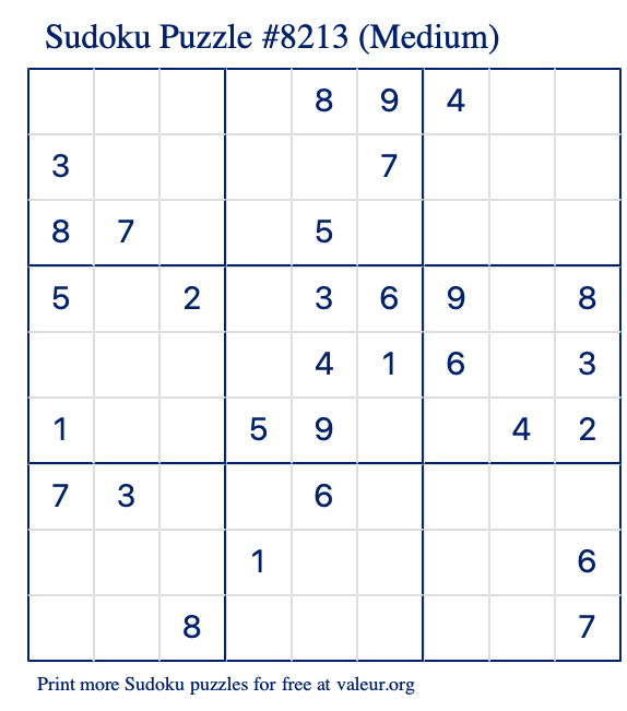 Free Printable Medium Sudoku Puzzle number 8213