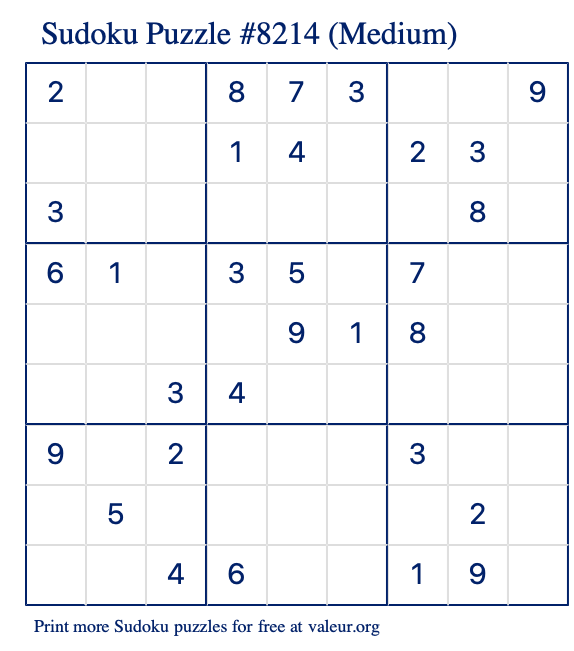 Free Printable Medium Sudoku Puzzle number 8214