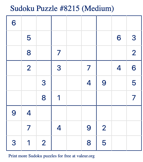 Free Printable Medium Sudoku Puzzle number 8215
