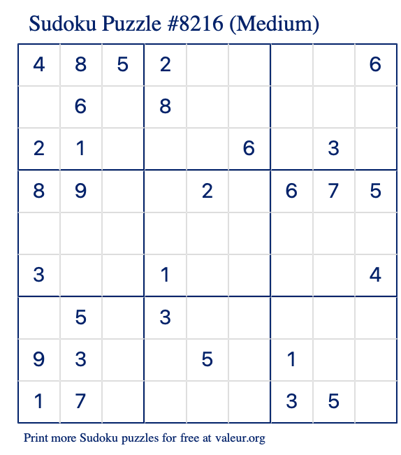 Free Printable Medium Sudoku Puzzle number 8216