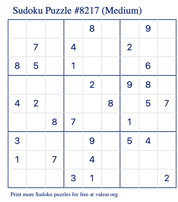 Free Printable Medium Sudoku Puzzle number 8217