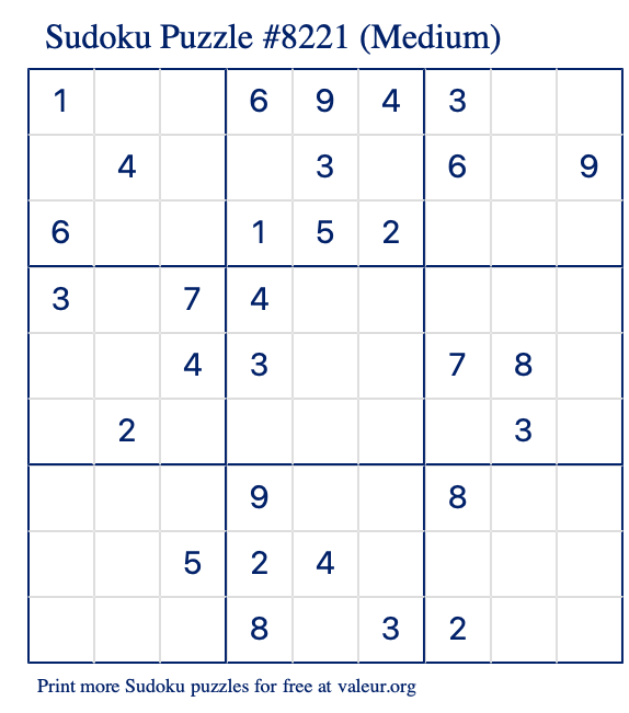 Free Printable Medium Sudoku Puzzle number 8221