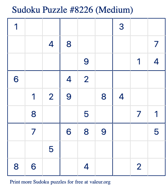 Free Printable Medium Sudoku Puzzle number 8226