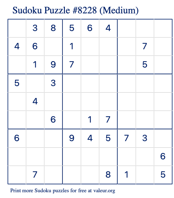 Free Printable Medium Sudoku Puzzle number 8228