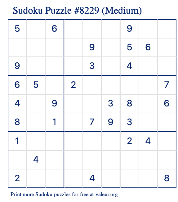 Free Printable Medium Sudoku Puzzle number 8229