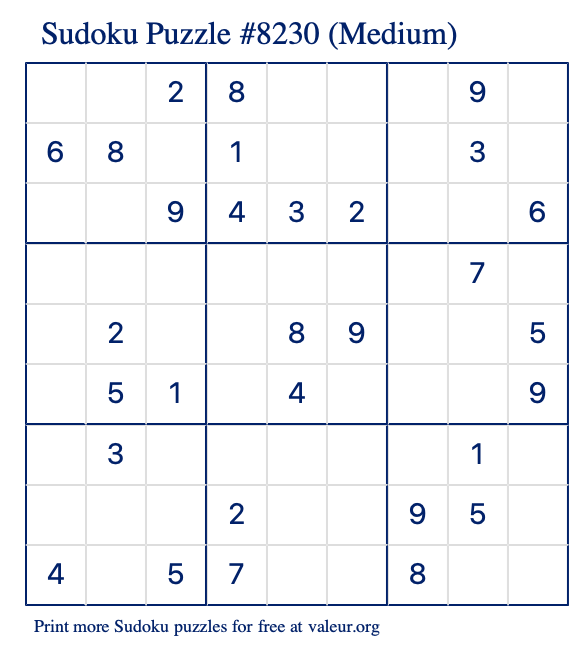 Free Printable Medium Sudoku Puzzle number 8230