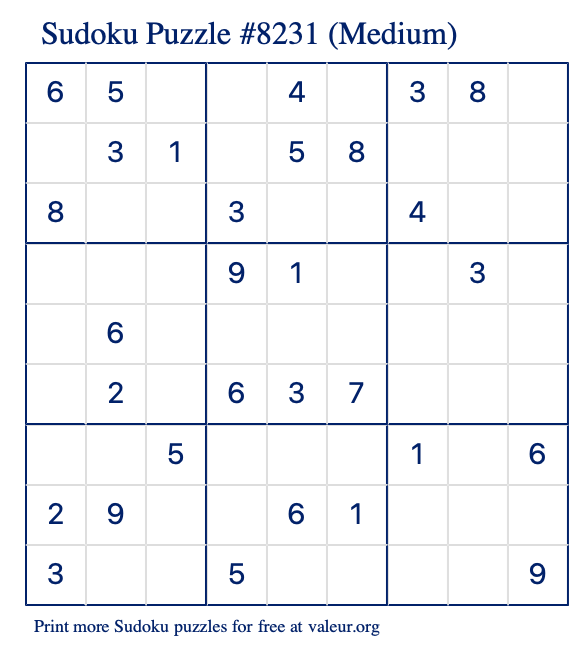Free Printable Medium Sudoku Puzzle number 8231