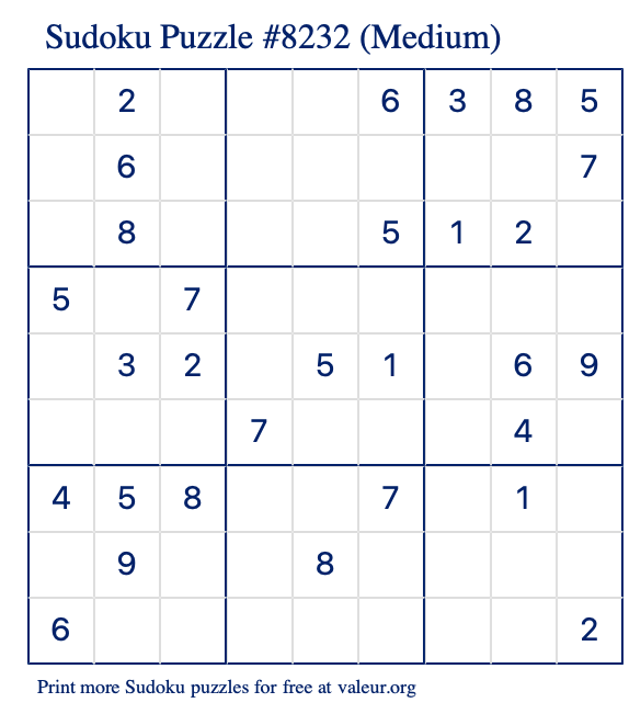 Free Printable Medium Sudoku Puzzle number 8232