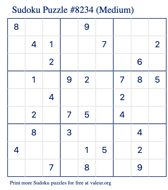 Free Printable Medium Sudoku Puzzle number 8234
