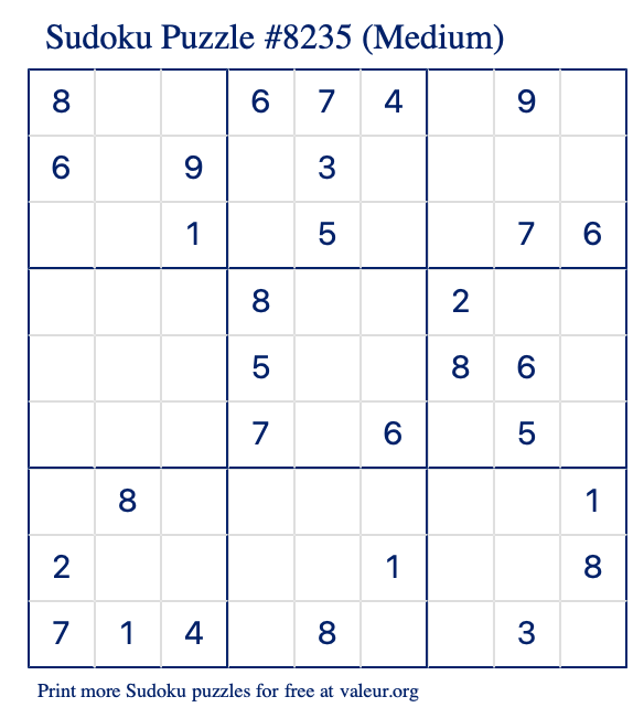 Free Printable Medium Sudoku Puzzle number 8235