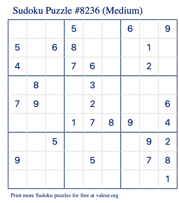 Free Printable Medium Sudoku Puzzle number 8236