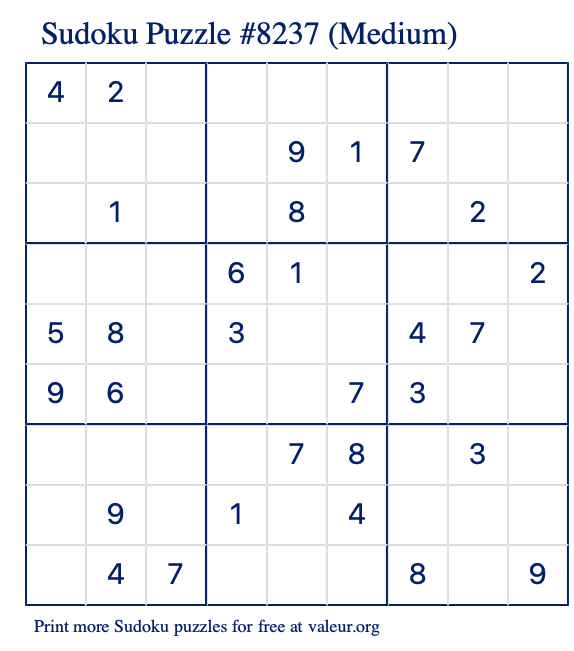 Free Printable Medium Sudoku Puzzle number 8237