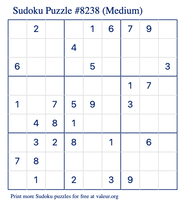 Free Printable Medium Sudoku Puzzle number 8238
