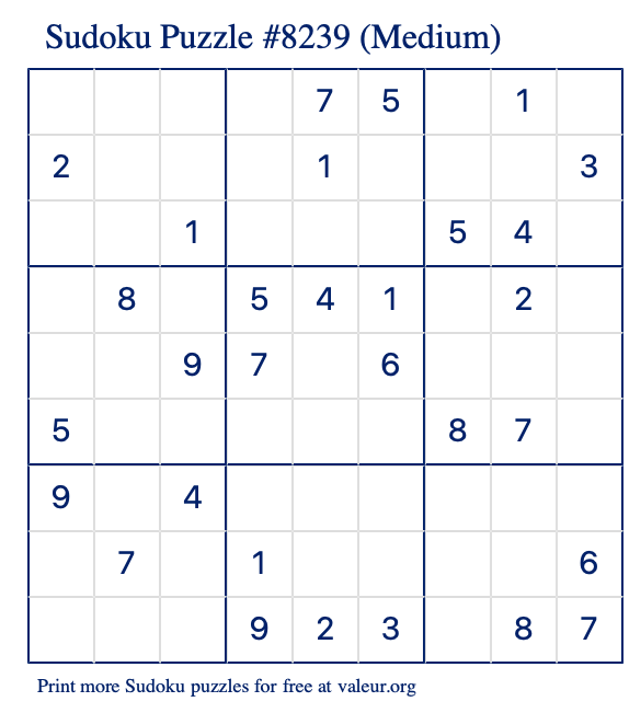 Free Printable Medium Sudoku Puzzle number 8239