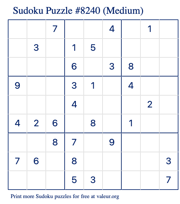 Free Printable Medium Sudoku Puzzle number 8240