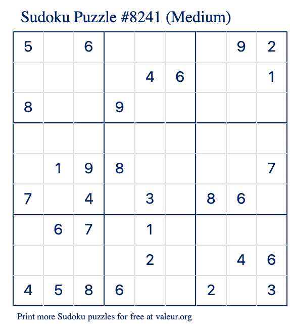 Free Printable Medium Sudoku Puzzle number 8241