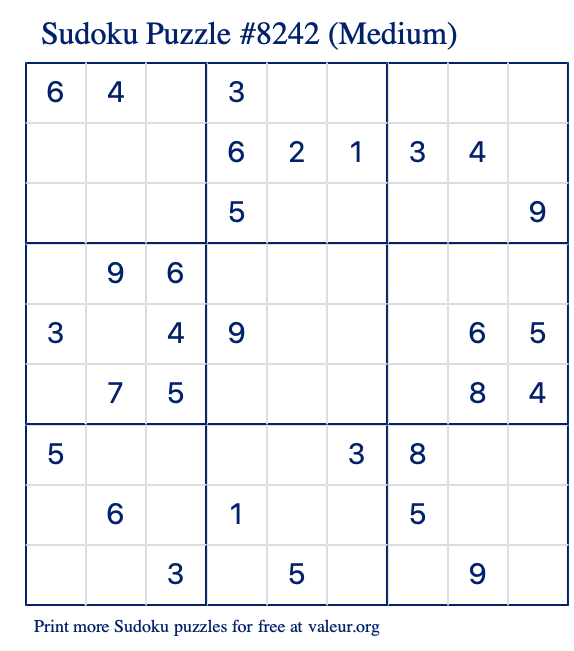 Free Printable Medium Sudoku Puzzle number 8242