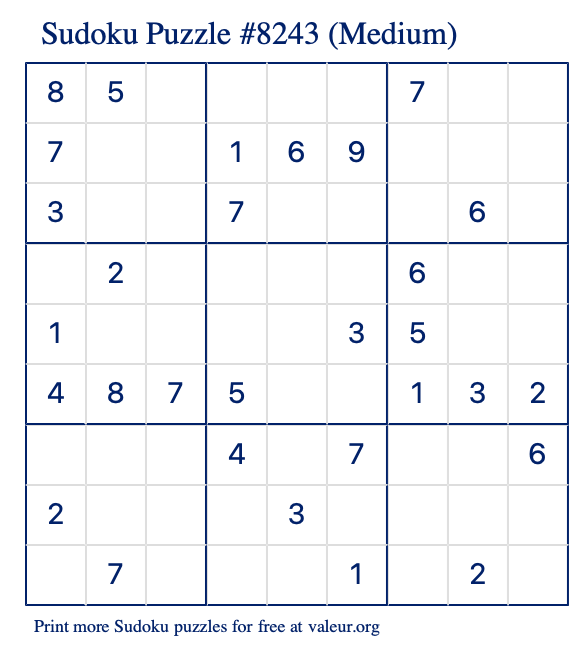 Free Printable Medium Sudoku Puzzle number 8243
