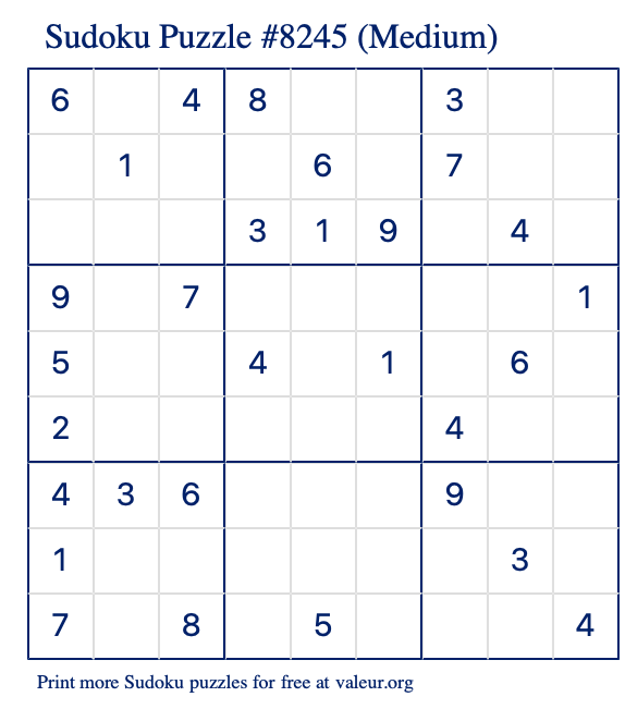 Free Printable Medium Sudoku Puzzle number 8245