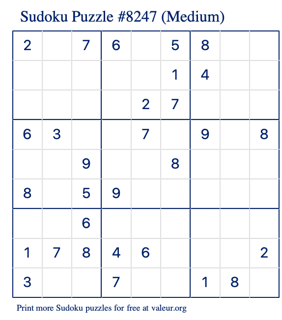 Free Printable Medium Sudoku Puzzle number 8247