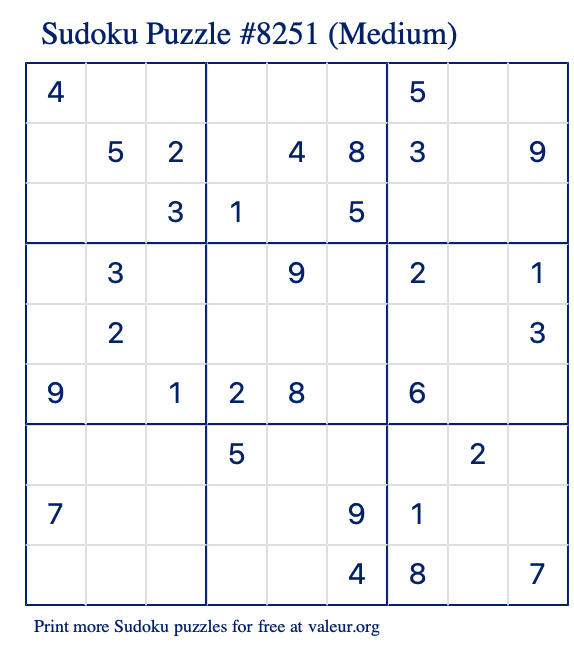 Free Printable Medium Sudoku Puzzle number 8251