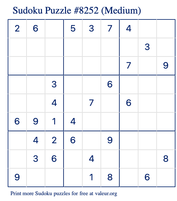 Free Printable Medium Sudoku Puzzle number 8252